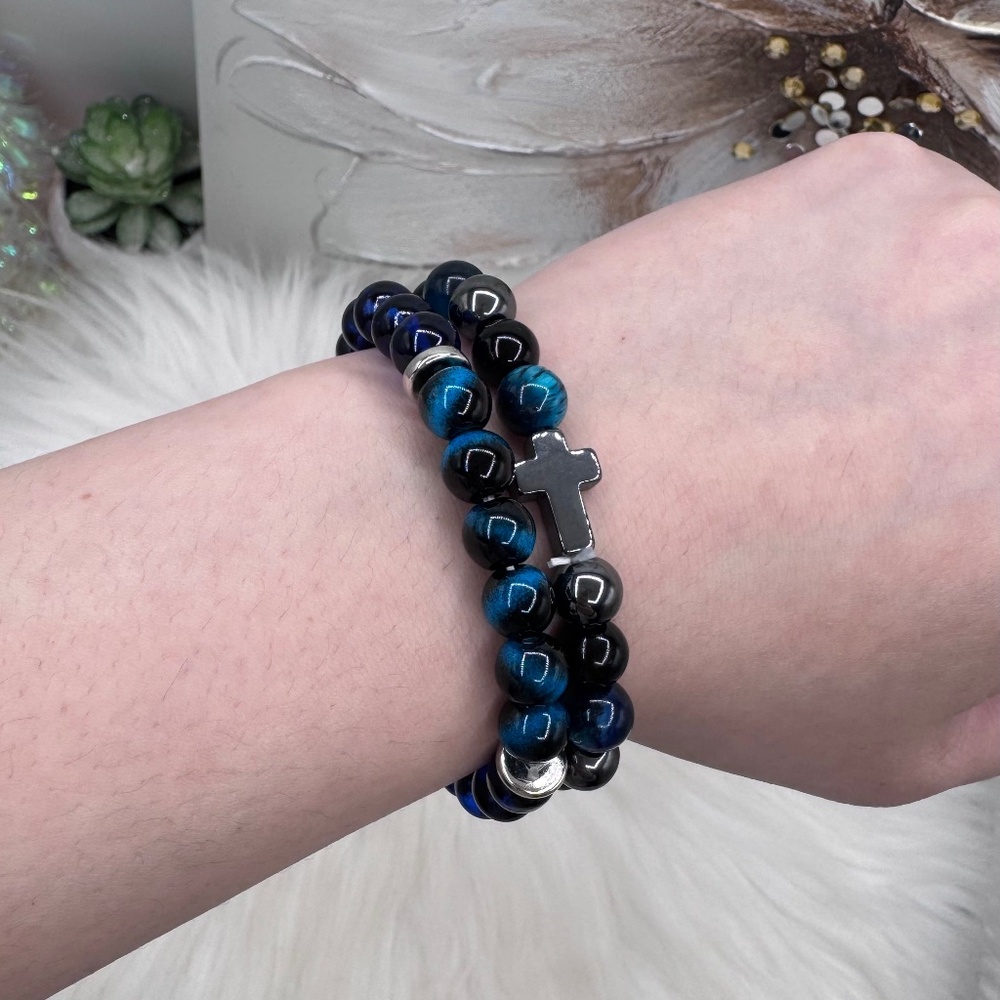Blue and Black Beaded Cross Bracelet Set - Women